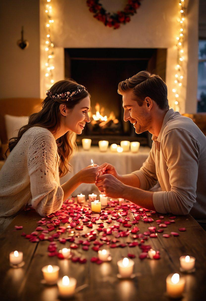A warm, intimate setting depicting a couple enjoying a candlelit dinner, surrounded by soft glowing fairy lights. Include hearts and rose petals subtly scattered across the table, symbolizing romance. In the background, a cozy fireplace flickers softly, creating an inviting atmosphere. Emphasize the connection between the couple with gentle smiles and meaningful glances. soft focus. vibrant colors. warm lighting.