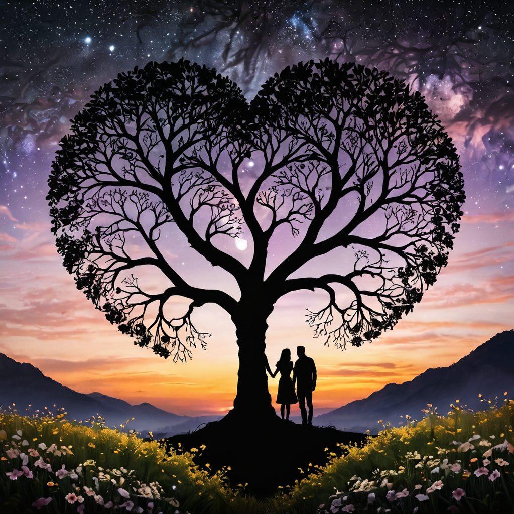 A heart-shaped tree with intertwined roots symbolizing deep connections, under a twilight sky filled with stars and soft glowing lights. Two silhouettes of people, holding hands, are standing beneath the tree, surrounded by blooming flowers representing love and devotion. The atmosphere is warm and inviting, evoking a sense of togetherness and commitment. super-realistic. vibrant colors. soft focus.