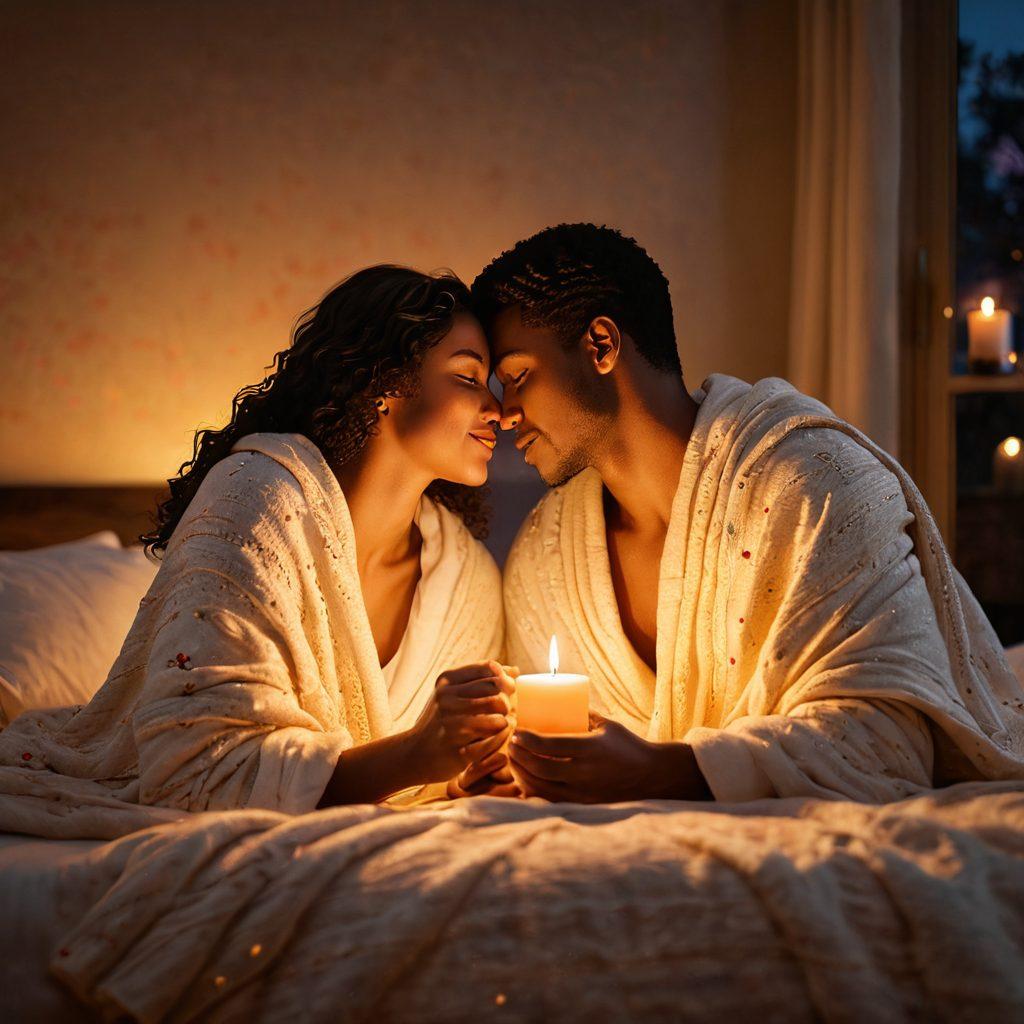 A warm and inviting scene depicting a couple sharing an intimate moment, surrounded by soft candlelight, a cozy blanket, and gentle colors that evoke love and affection. Include elements like intertwined hands, a heart-shaped background, and subtle floral accents symbolizing romance. The atmosphere should feel deep, heartfelt, and nurturing, encapsulating the essence of emotional connection. super-realistic. warm colors. soft lighting.